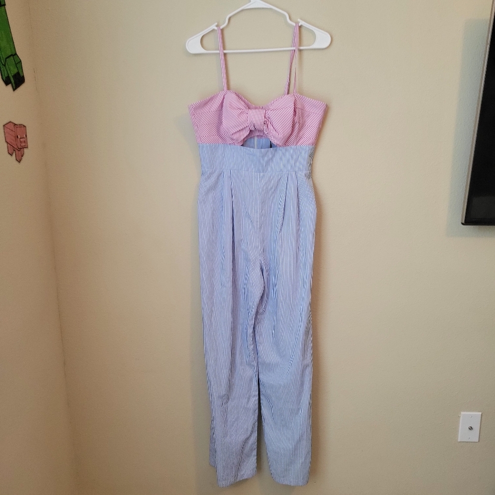 Cutout Pink and Blue Striped Jumpsuit with Bow